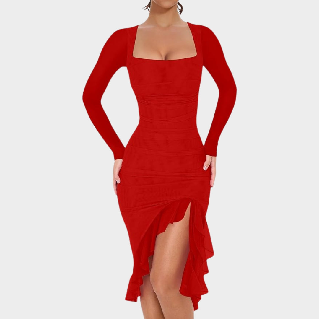 Women's Ruched Bodycon Dress - Long Sleeve - Square Neck - Ruffle Hem - Elegant Cocktail Party Dress - Multiple Colours