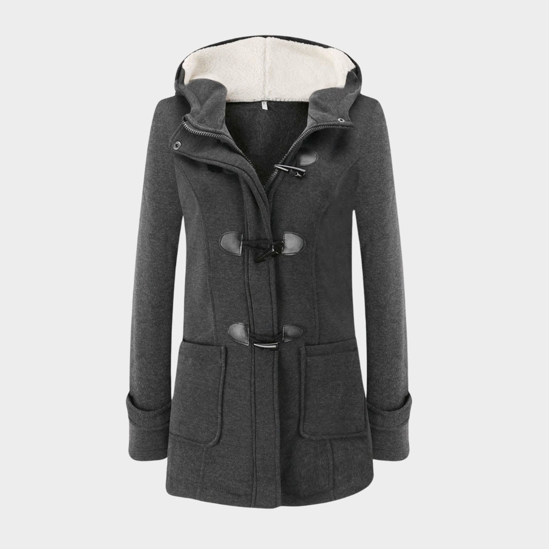 Women Warm Mid Length Hooded Coat – Horn Buckle Long Sleeve Outerwear – Multiple Colours