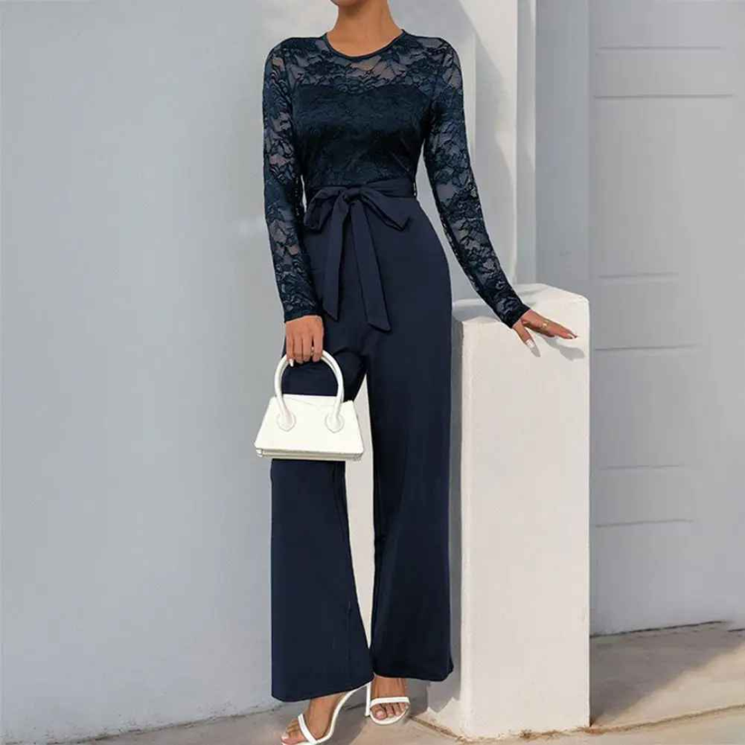 Women's Long Sleeve Lace Formal Jumpsuit – High Waisted Wide Leg One Piece Romper with Belt – Multiple Colours