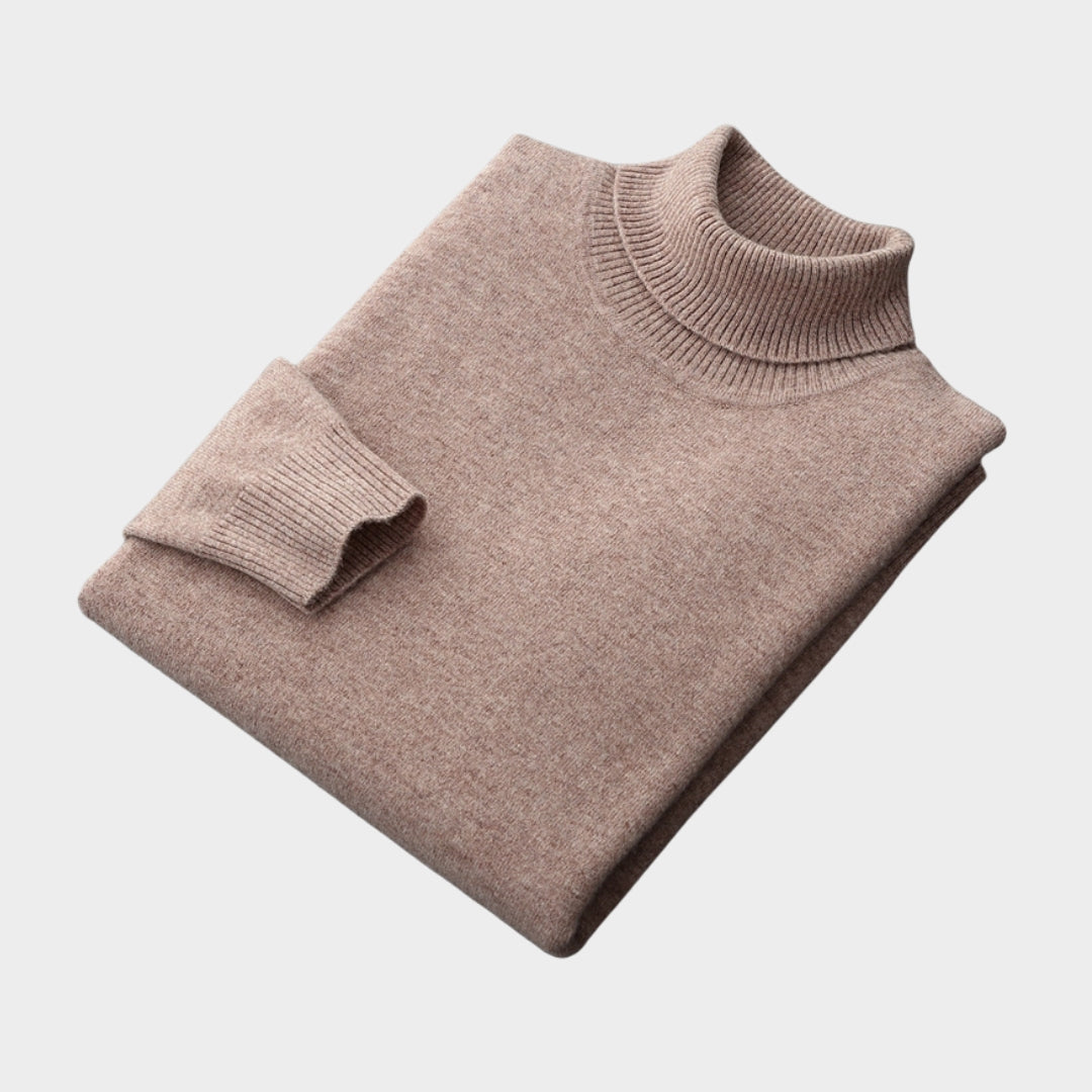 Men's Turtleneck Wool Sweater – Old Money Thick Business Knitwear, Cashmere, Navy Blue/Caramel/Black