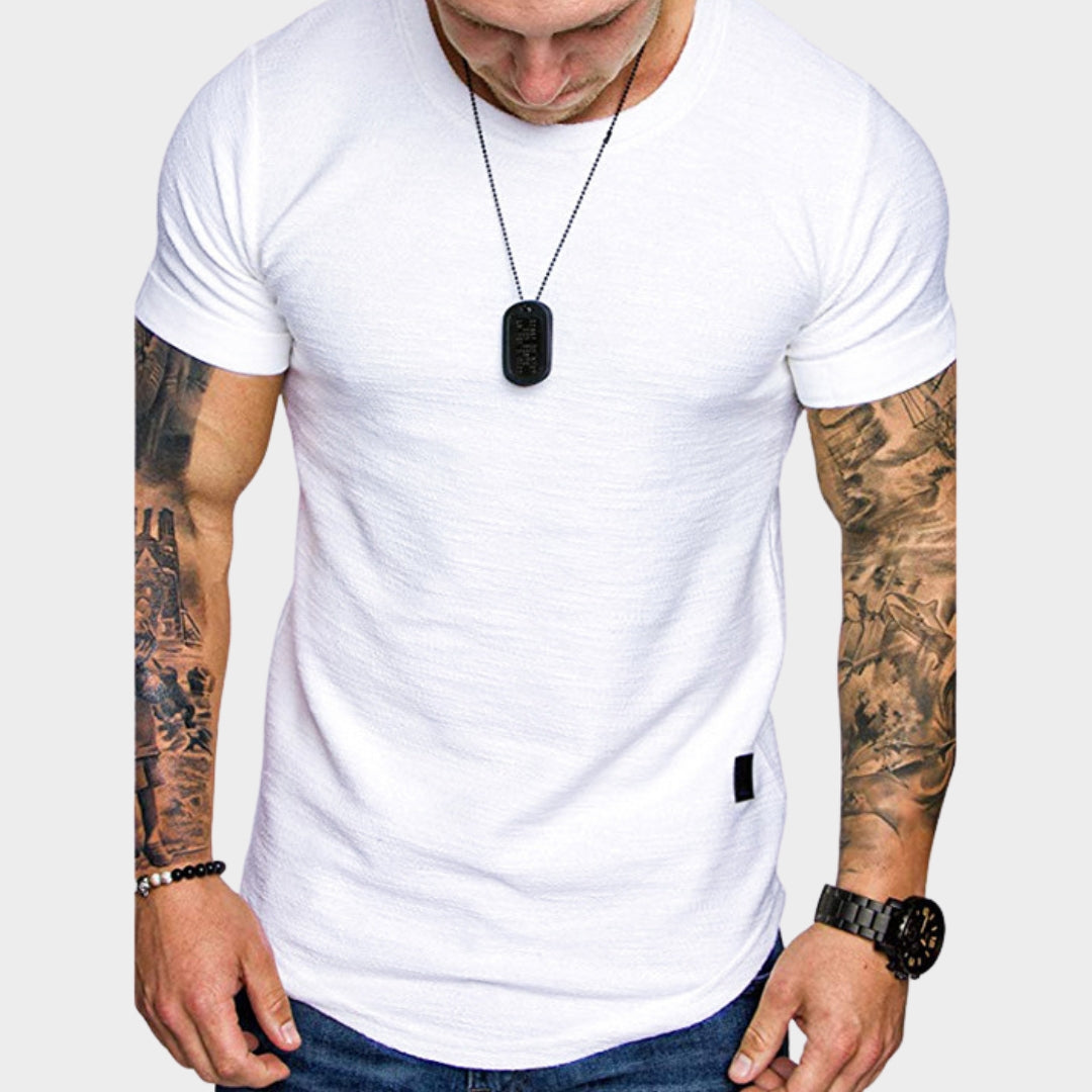 Men's Round Neck T-Shirt - Short Sleeve - Solid Colour with Leather Label - Casual & Stylish