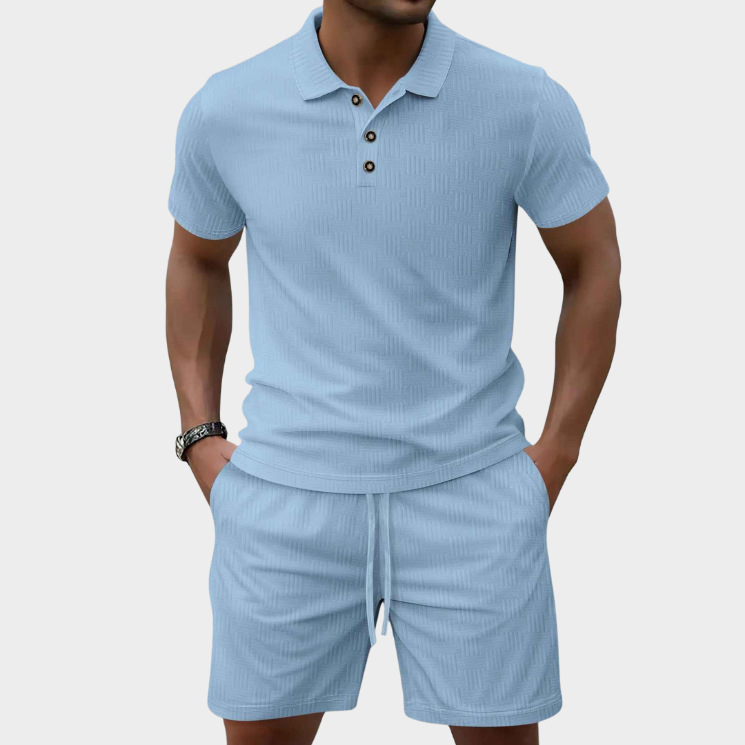 Men's Co-Ord Set – Corduroy Short Sleeve Lapel Polo Shirt with Drawstring Shorts – Multiple Colours
