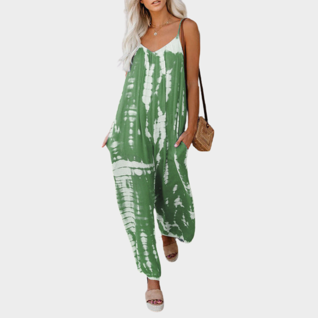 Women's Tie Dye Jumpsuit – Wide Leg V-Neck Backless Sling Romper – Loose Fit – Multiple Colours