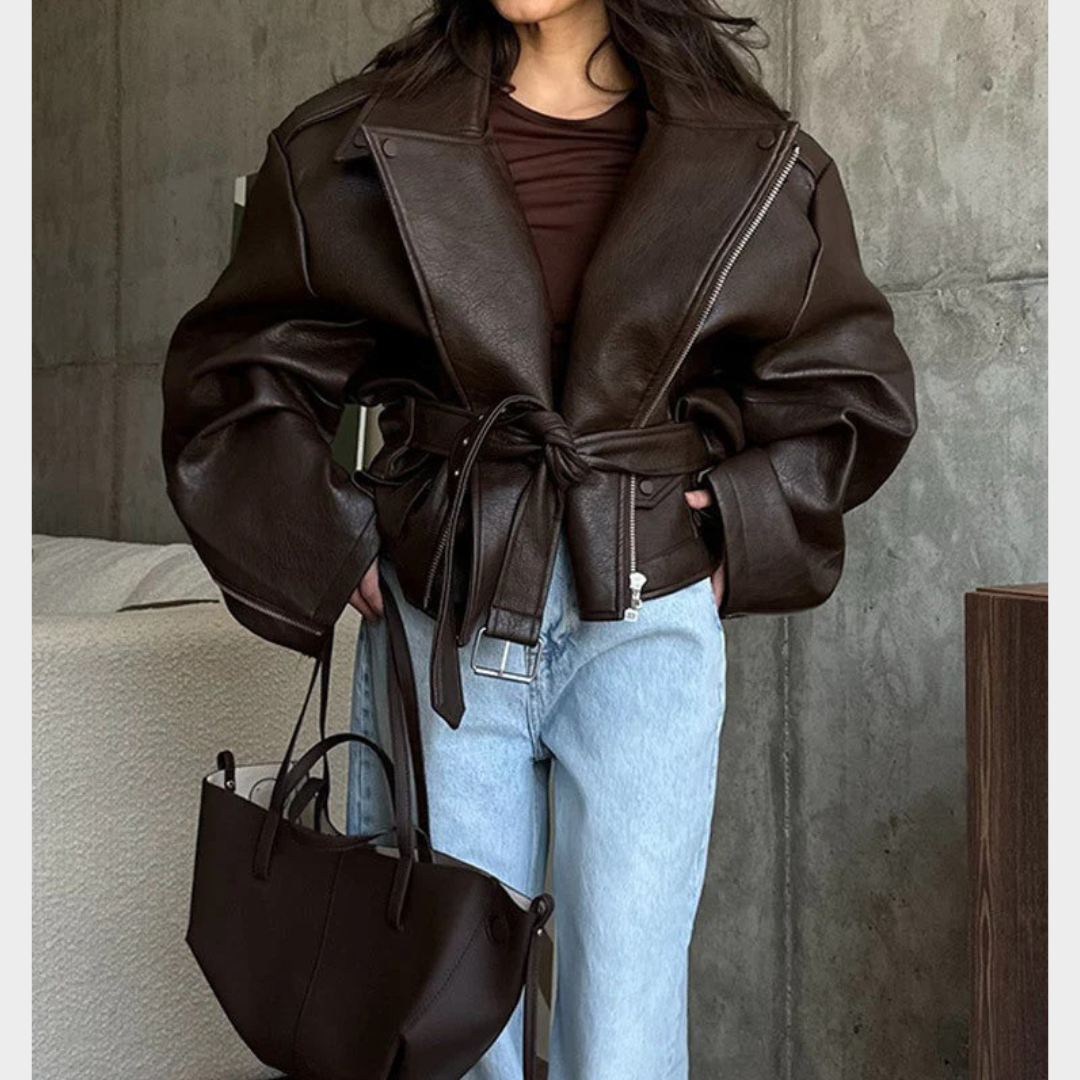 Women Motorcycle Jacket – PU Leather Short Coat – Lace Up Lapel Long Sleeve Outerwear – Casual Street Style – Brown
