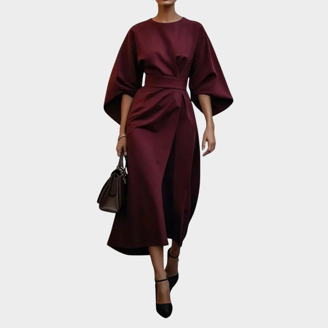 Women’s Elegant Belted Statement Dress – Cape Style Batwing Sleeves with Slim Waist Design – Multiple Colours