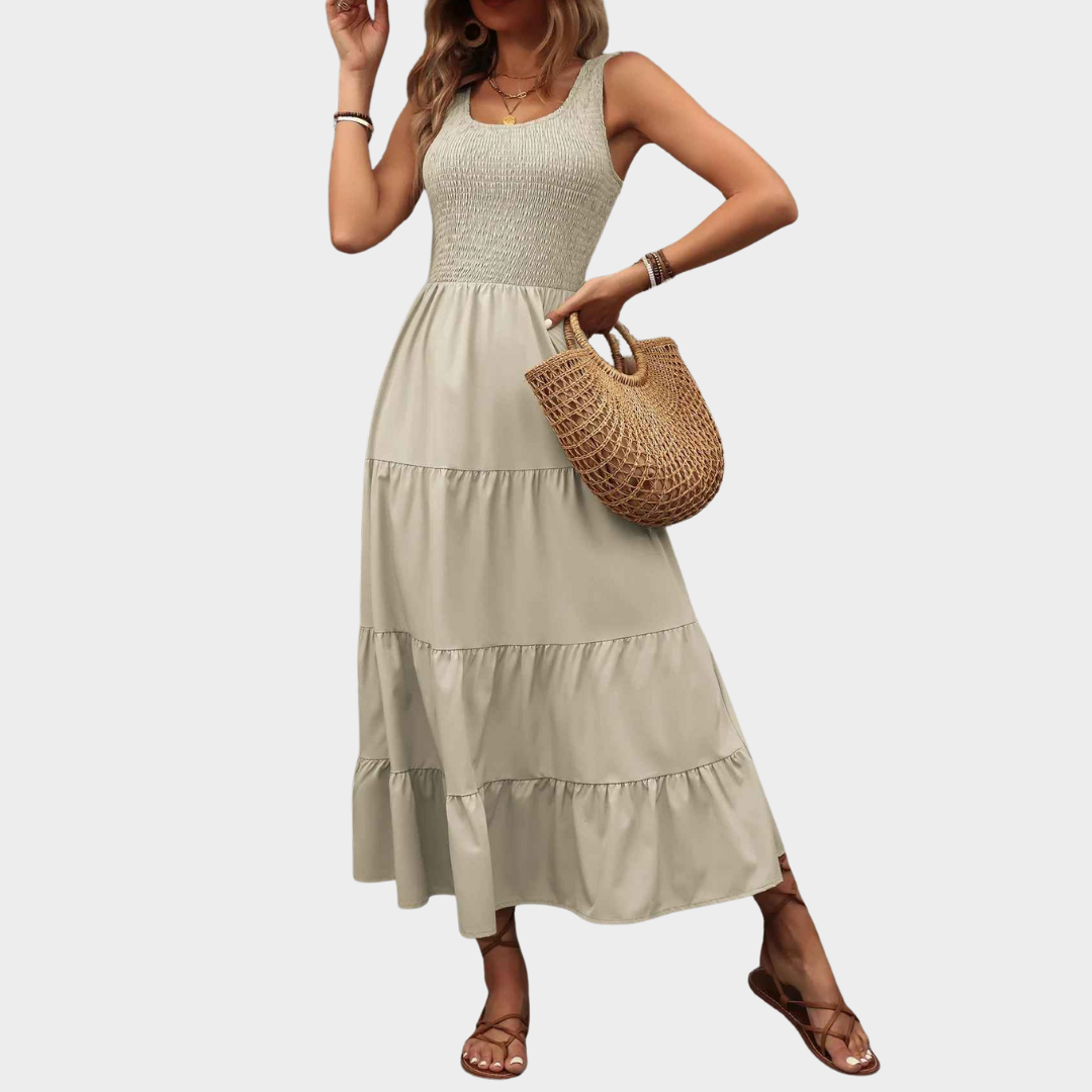 Women's Elegant Sleeveless Long Dress – Solid Colour Elastic Waist Design with Flowing Swing Skirt – Multiple Colours