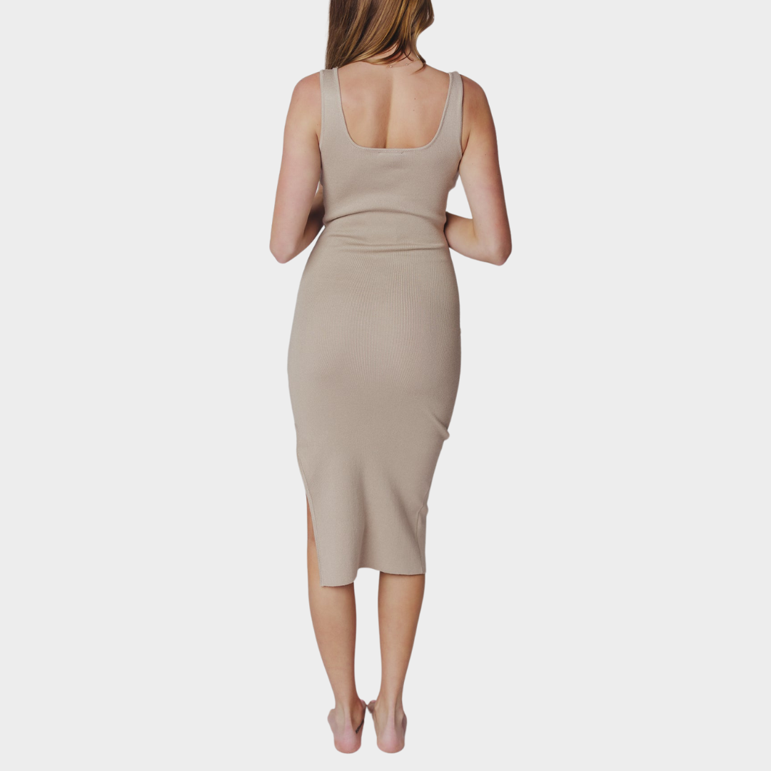 Women's Square Neck Knit Midi Dress – Elegant Fit – Slit Detail – Soft Viscose Blend – Beige