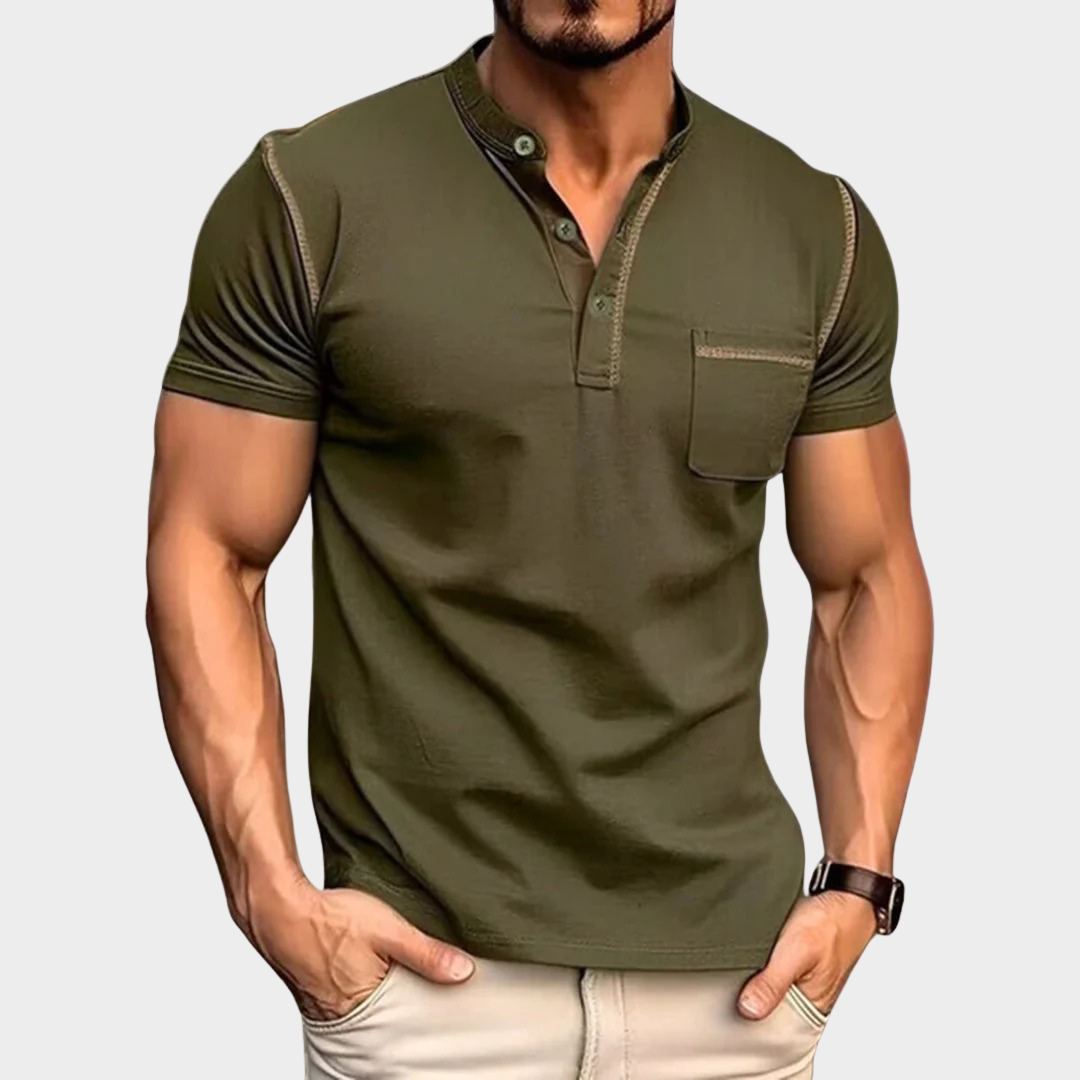 Men’s Short Sleeve Henley Shirt – Elastic Breathable Fit – Button-Up Crewneck – Multiple Colours