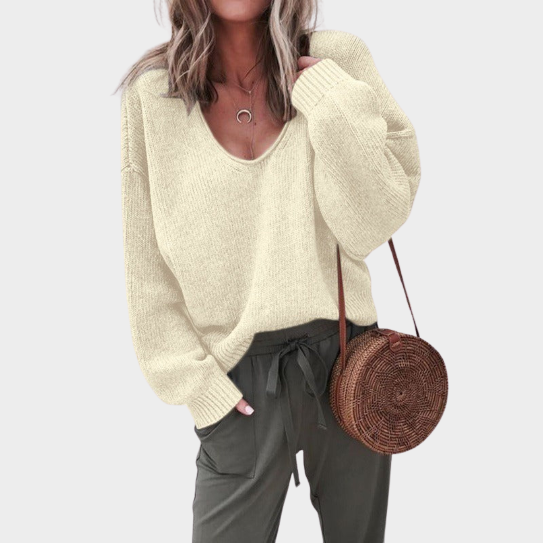 Women's Knitted V-Neck Sweater – Long Sleeve Loose Fit Pullover – Multiple Colours
