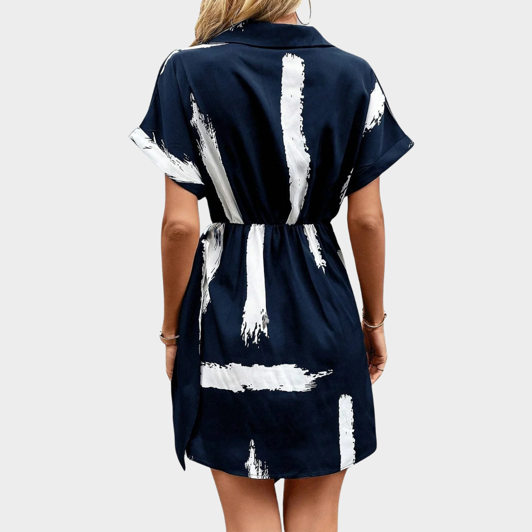 Women Short Sleeve V-Neck Dress – Printed Lace-Up Waist Short Fit in Lightweight Fabric – Navy Blue
