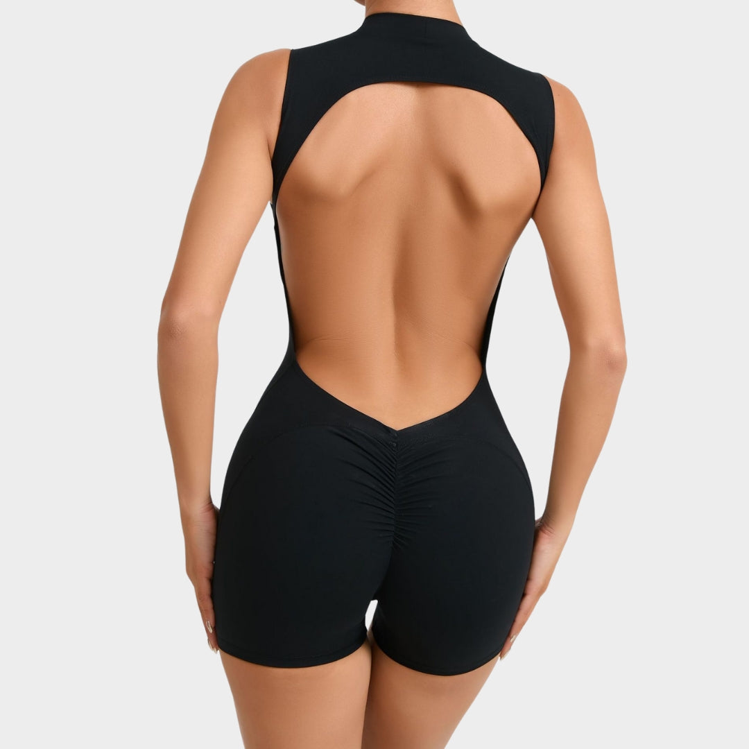 Women's Backless Sports Jumpsuit - Bodycon One-Piece Gym Romper - Scrunch Back - Multiple Colours
