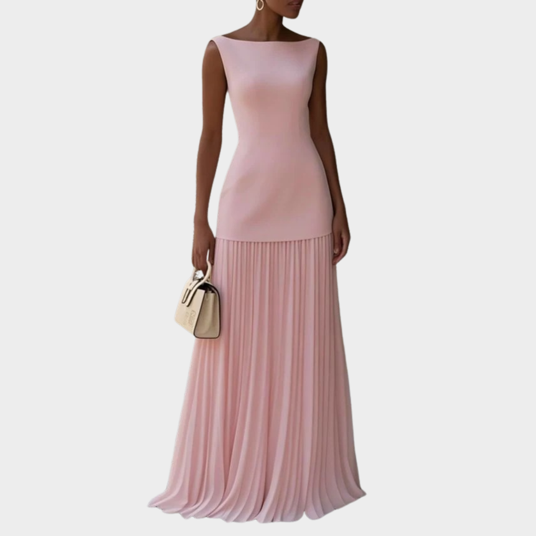 Women Pleated Maxi Dress – Elegant Sleeveless Bodice with Flowing Long Skirt – Slim Fit – Lightweight Fabric – Cocktail Evening and Wedding Guest Outfit – Multiple Colours