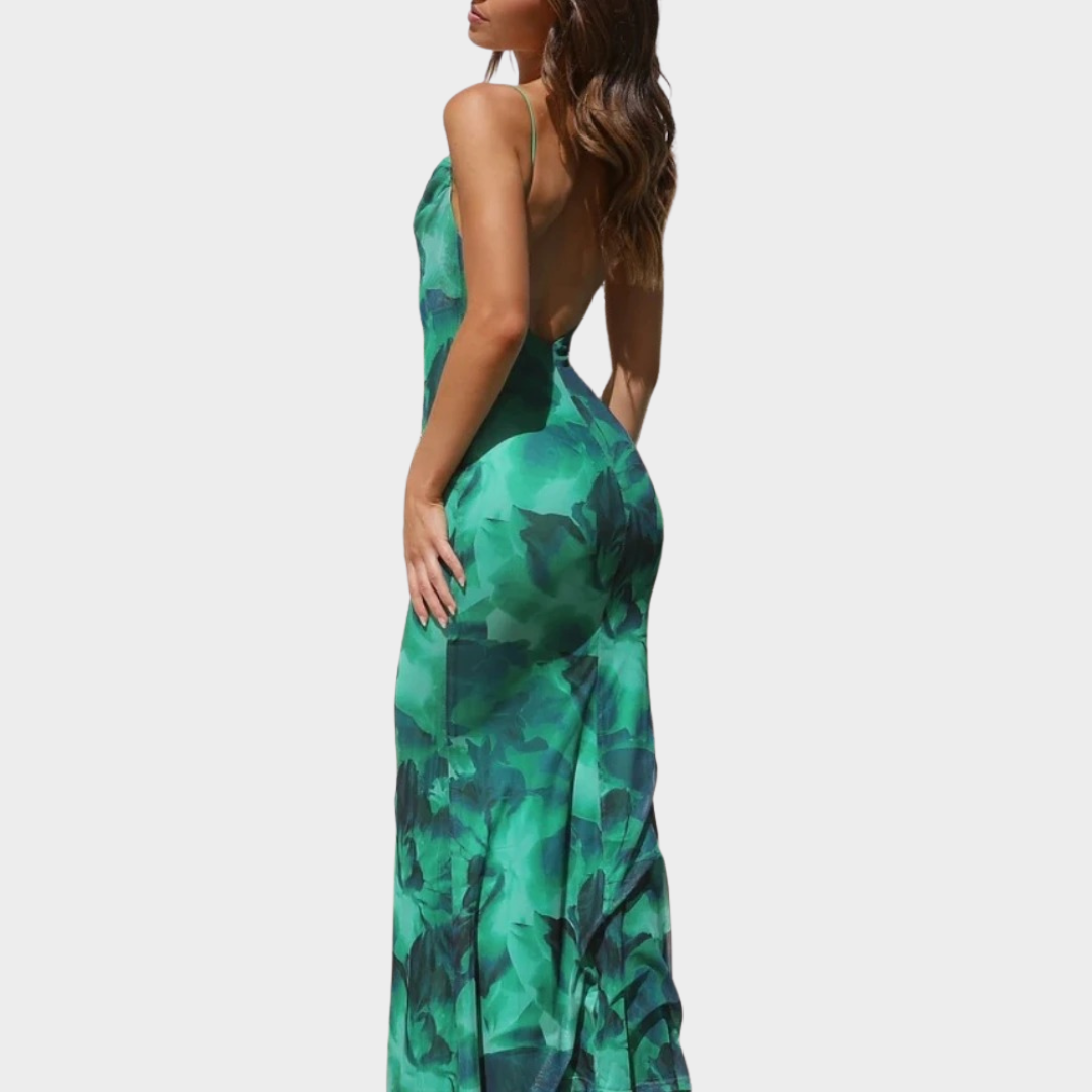 Women's Elegant Long Dress – Open Back – Printed Design – Green