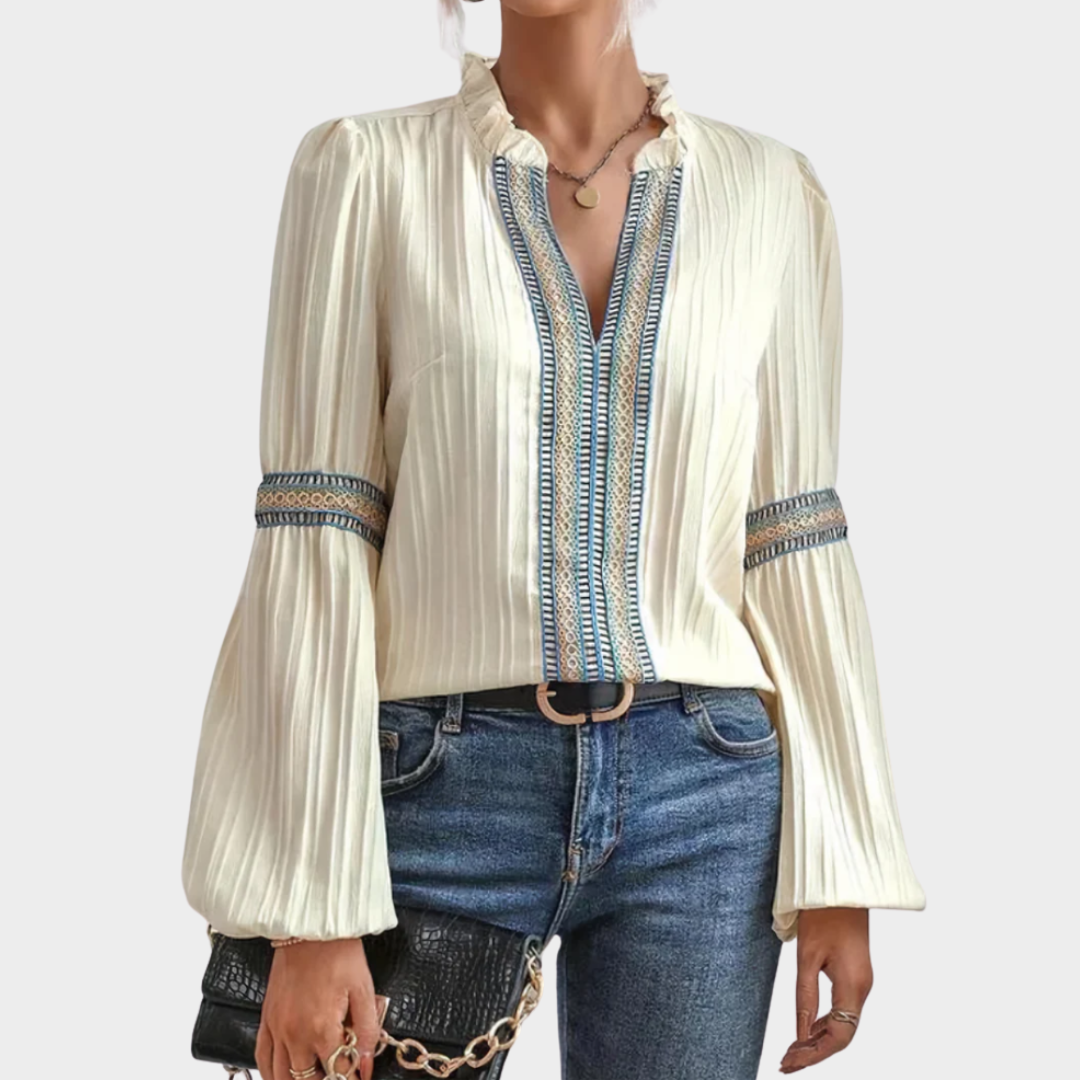 Women's V-Neck Blouse – Bubble Sleeve Shirt – Color Blocked Party Top – Apricot