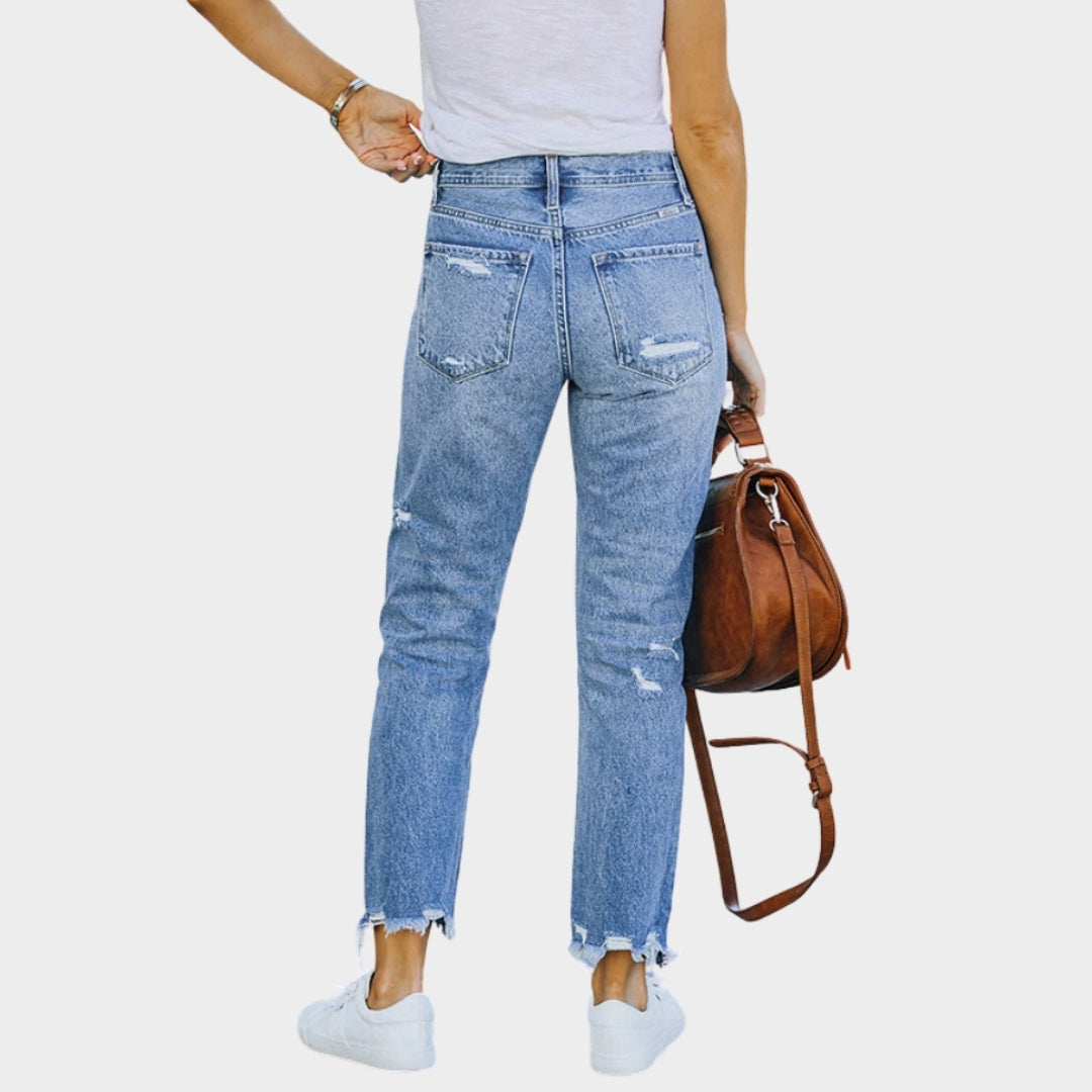 Women's High-Waist Ripped Jeans - Trendy Stretch Denim Pencil Pants (Blue)