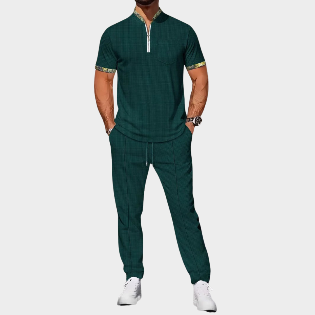 Men's Co-Ord Set – Waffle Textured Stand Collar Half-Placket Shirt with Colour Block Cuffs and Matching Shorts – Multiple Colours