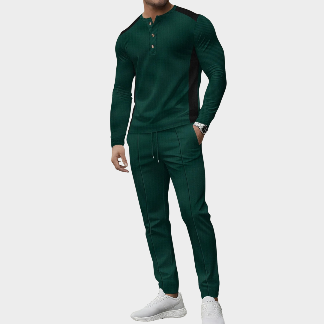 Men’s Two-Piece Set – High Collar Long Sleeve Henley Shirt with Button-Up and Matching Pants – Multiple Colours
