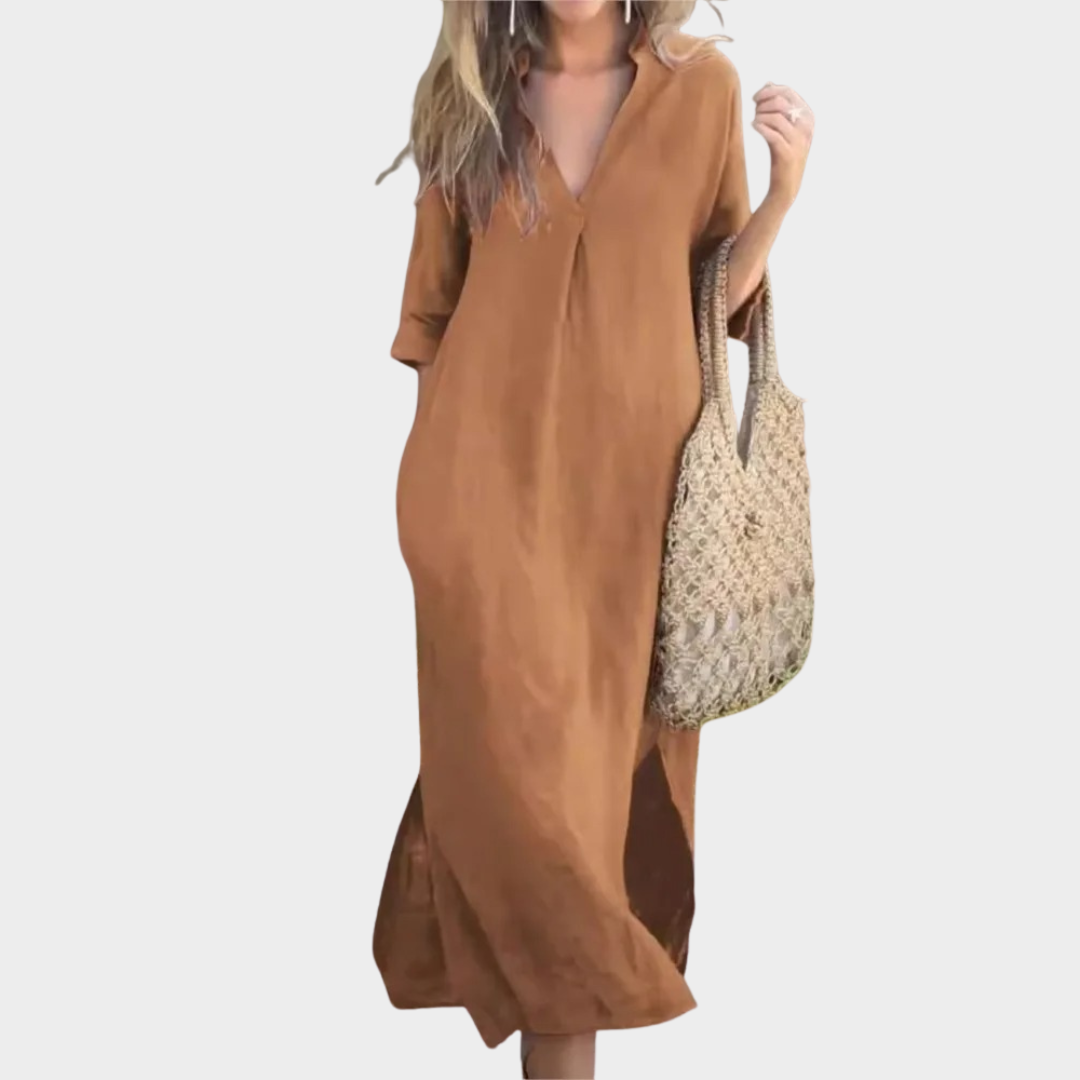Women’s V-Neck Cotton Linen Dress – 7 Point Sleeve Side Slit Midi with Pockets – Lightweight Relaxed Fit Casual Style – Multiple Colours