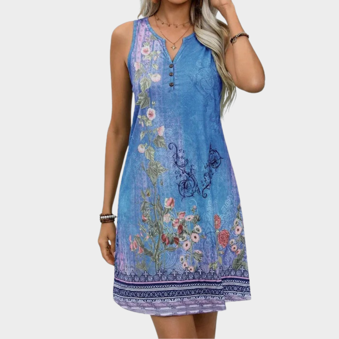 Women Sleeveless V-Neck Dress – Printed Short Straight Fit in Lightweight Fabric – Blue