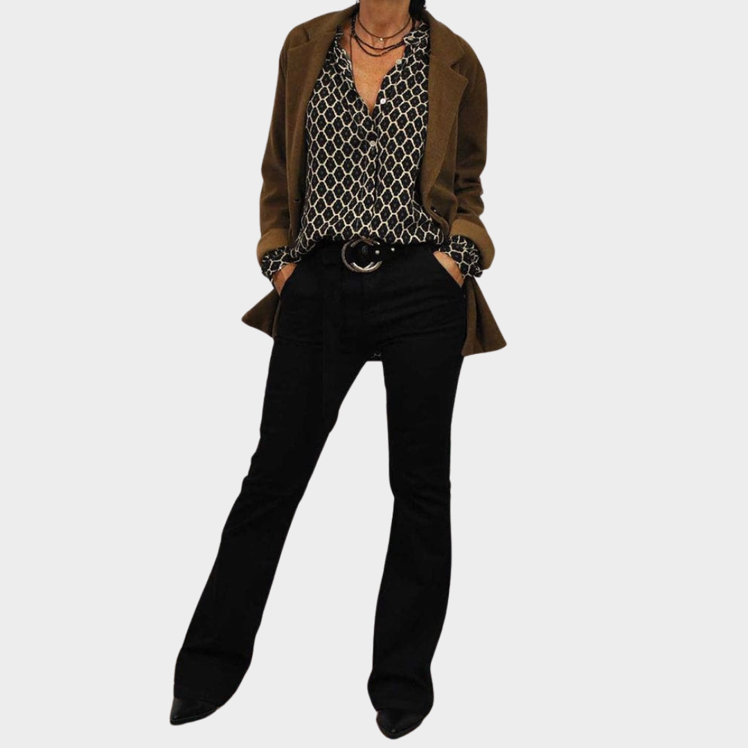 Women's V-Neck Blouse – Long Sleeve – Geometric Print – Loose Fit – Office & Casual Wear – Multiple Colours