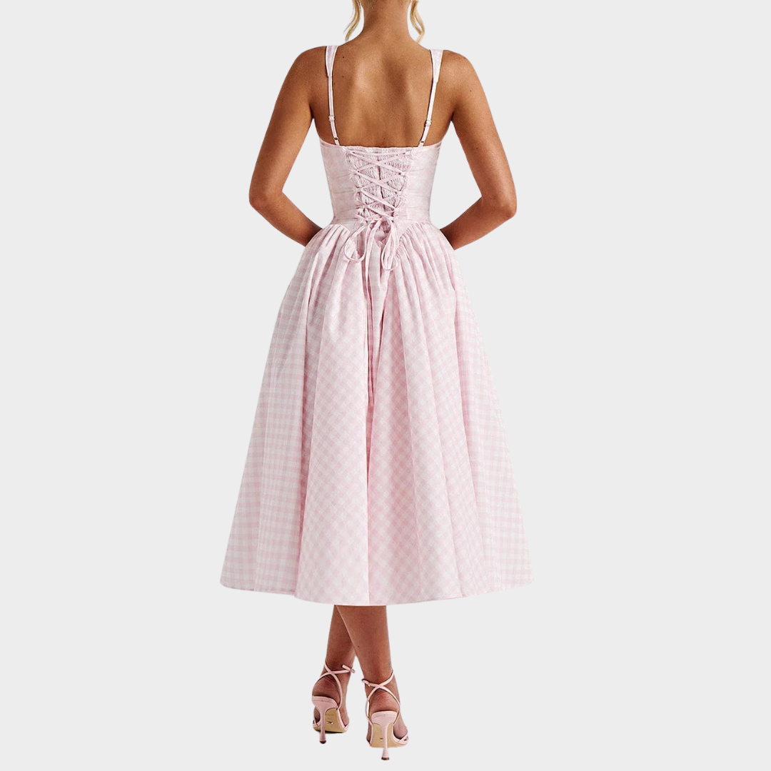 Women’s Midi Dress – Gingham Print with Fitted Bodice – Lace Up Back – Square Neckline – Flowing Skirt – Multiple Colours