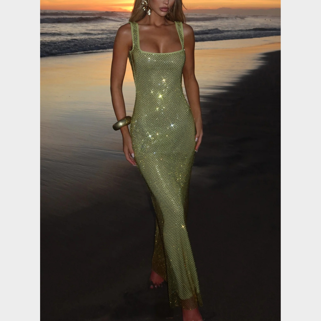 Women Petra Maxi Dress – Elegant Evening Long Dress with Rhinestone Embellished Stretch Net and Square Neckline – Multiple Colours