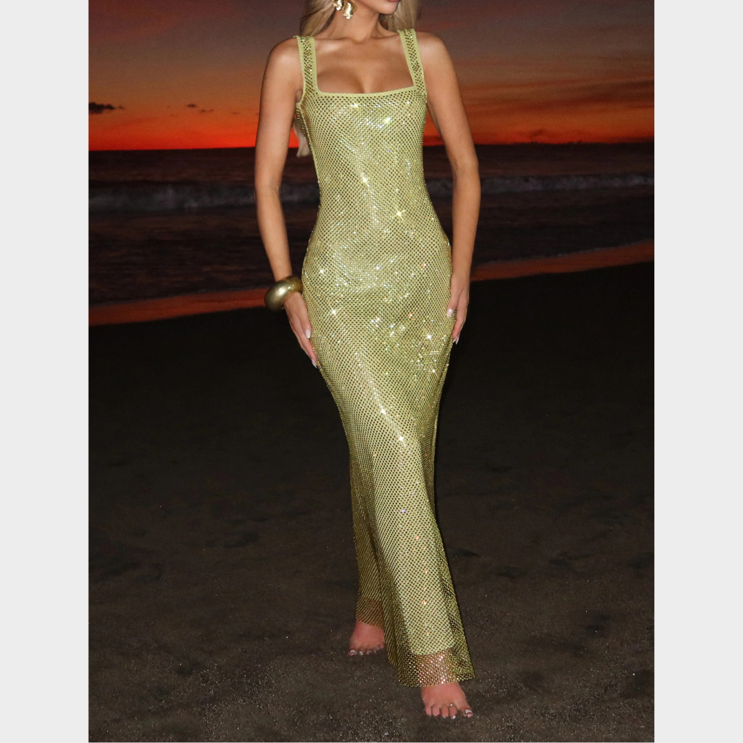 Women Petra Maxi Dress – Elegant Evening Long Dress with Rhinestone Embellished Stretch Net and Square Neckline – Multiple Colours