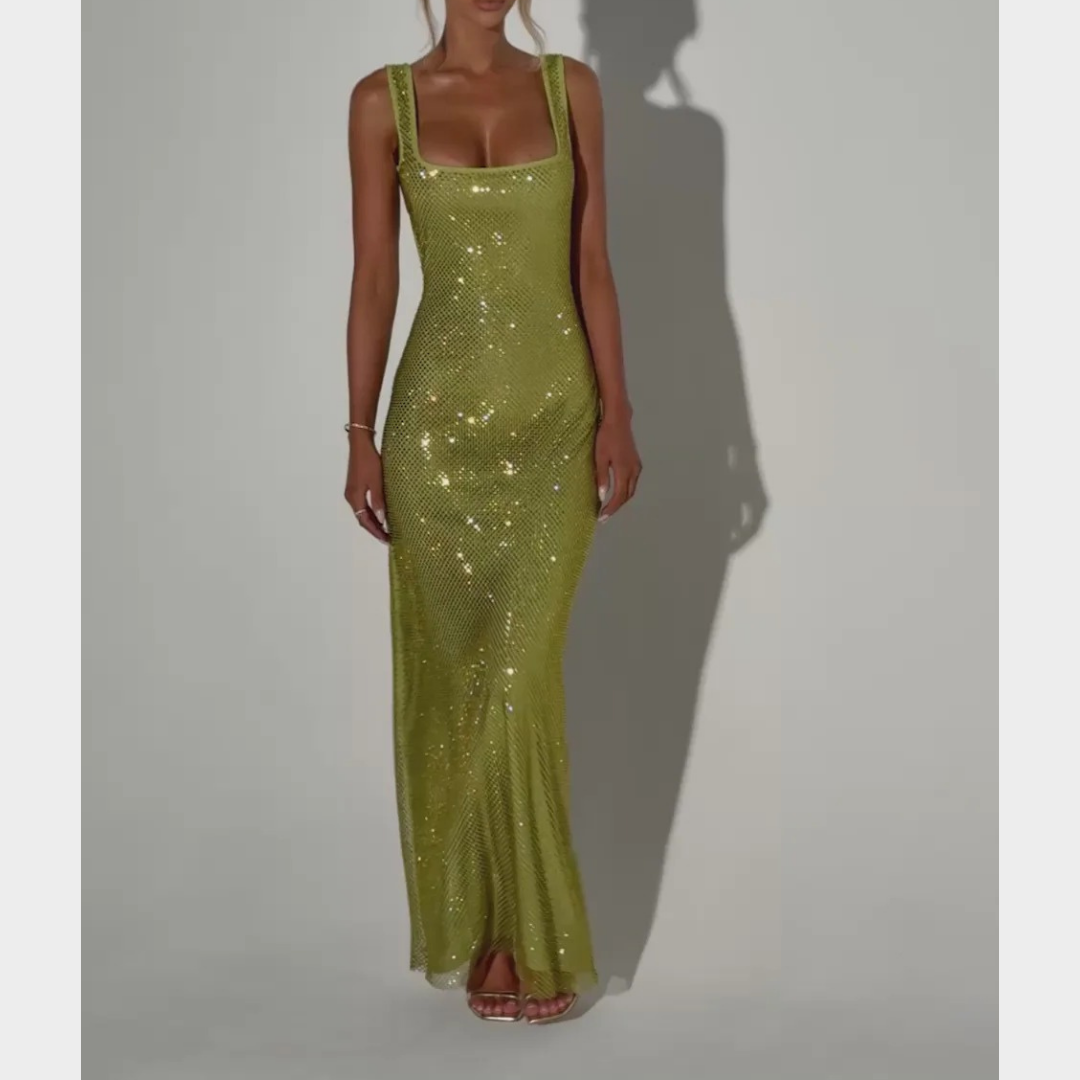 Women Petra Maxi Dress – Elegant Evening Long Dress with Rhinestone Embellished Stretch Net and Square Neckline – Multiple Colours