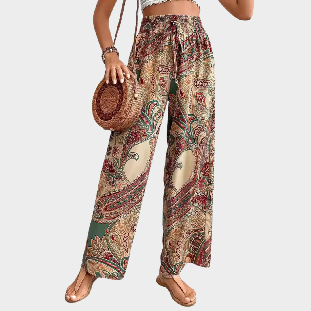 Women Wide Leg Printed Trousers – Elastic Waist Relaxed Fit Lightweight Fabric – Versatile Streetwear Look – Multiple Colours
