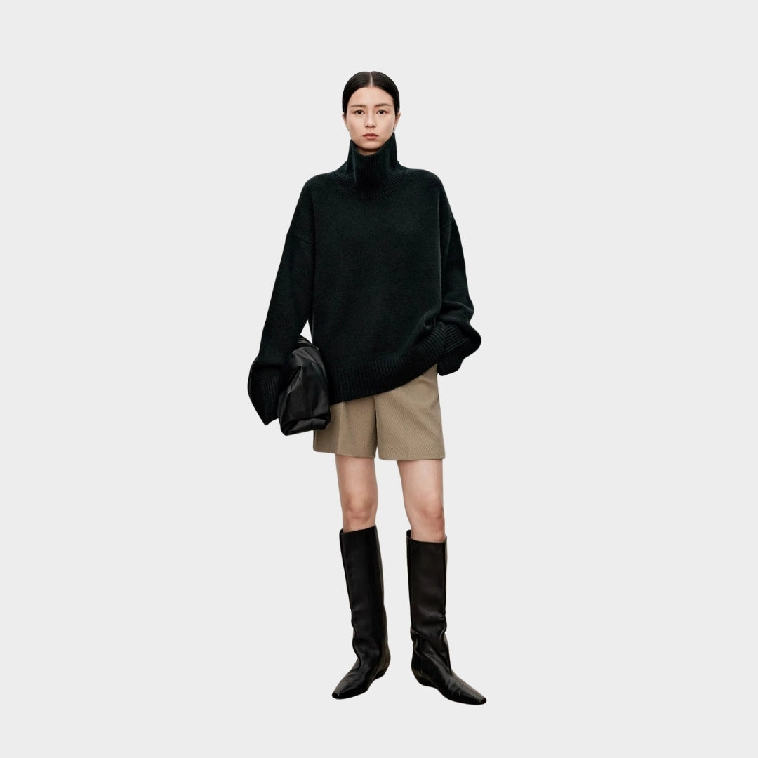 Women’s Thickened Turtleneck Cashmere Sweater – Loose Fit, Knitted Silhouette, Black/Beige/Brown