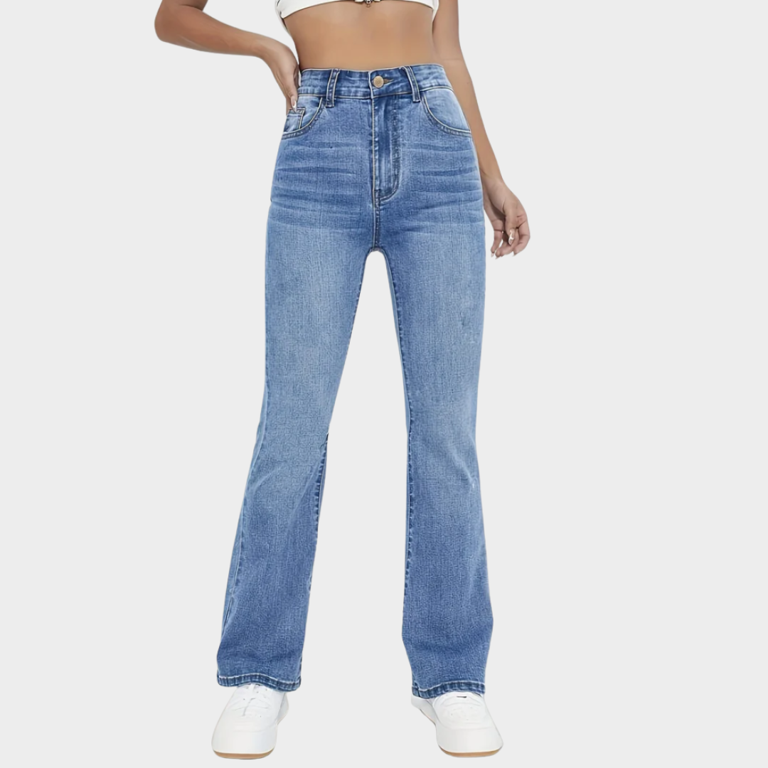 Women's High-Waist Denim Trousers – Slim Fit – Washed Jeans – Light Blue
