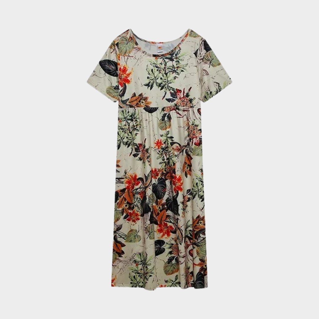Women’s Vintage Floral Print Dress – Round Neck A-Line Fit with Short Sleeves – Lightweight and Flowy – Multiple Colours