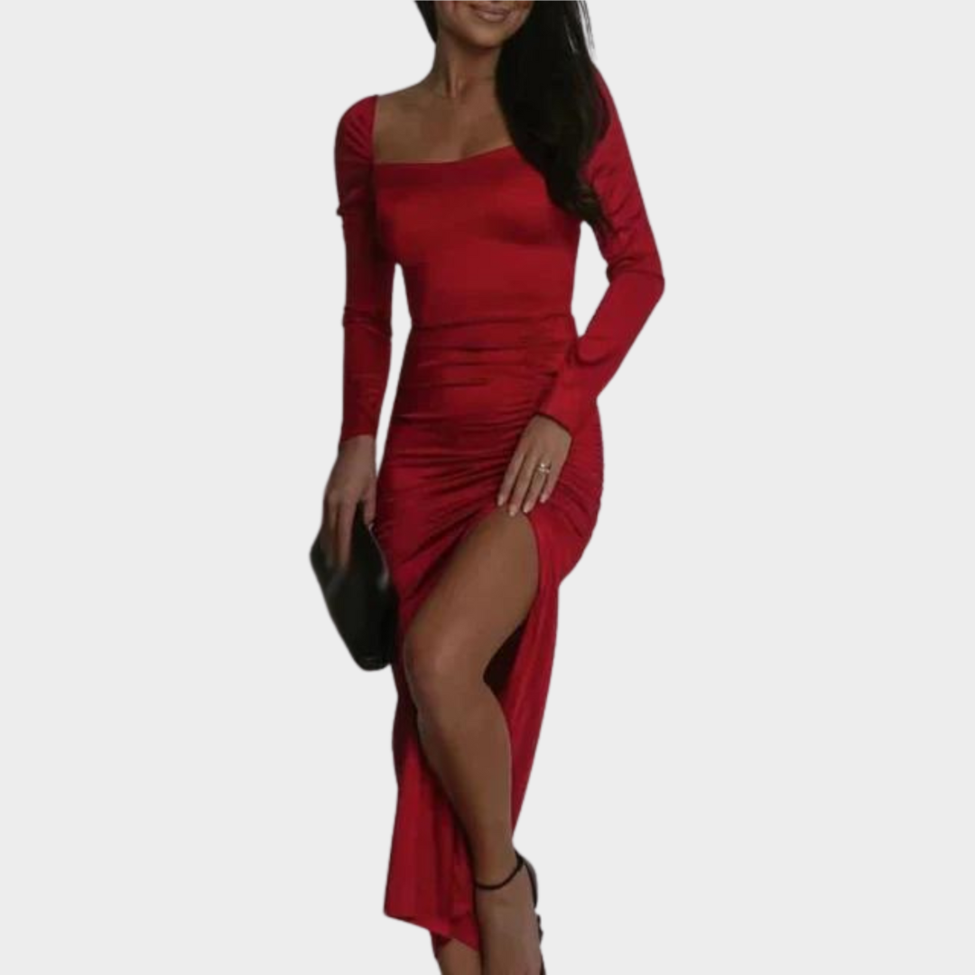 Women's Elegant Long Dress – Square Neck – Lace-Up Back – Slim Fit – Split Hem – Multiple Colours
