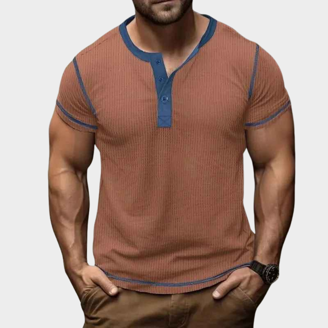 Men's T-Shirt – Short Sleeve Vintage Fit Waffle Texture Crew Neck Henley Top – Multiple Colours