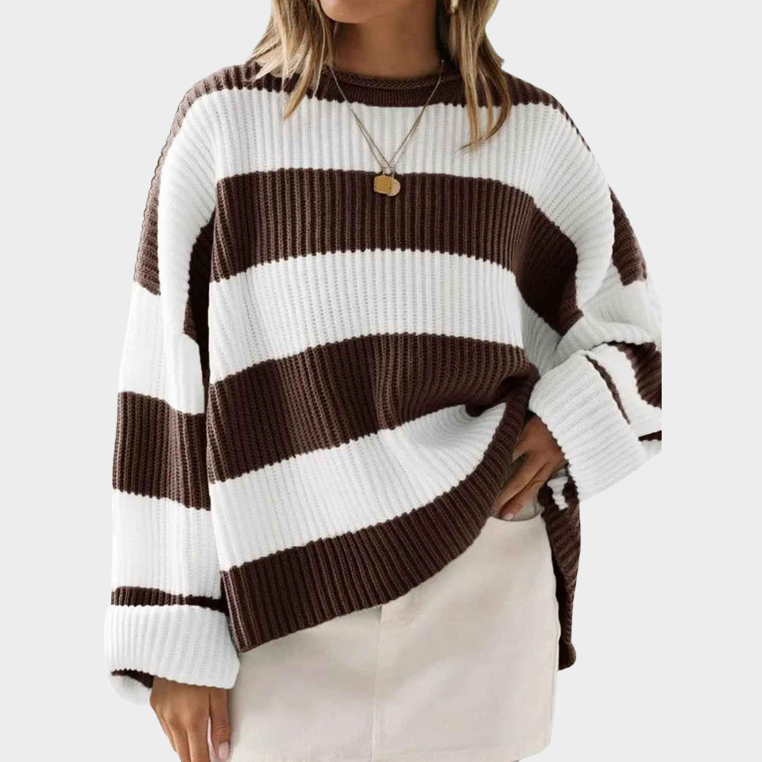 Women's Sweater – Stripe Knitted O-Neck Flared Sleeve Loose Fit Pullover – Multiple Colours