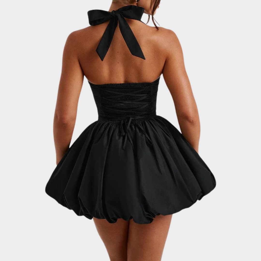 Women’s Mini Dress – Square Halter Neckline – Puffball Skirt – Lace Up Back – Princess Seam Detailing – Premium Cotton Blend – Multiple Colours