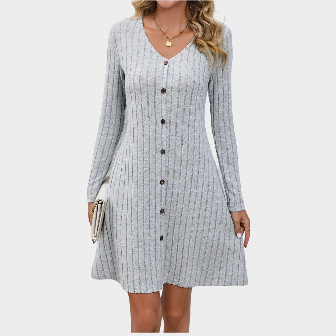 Women's Solid Ribbed Knitted Mini Dress – Long Sleeve A-Line Knot Detail, Black, Pink, Grey, Green