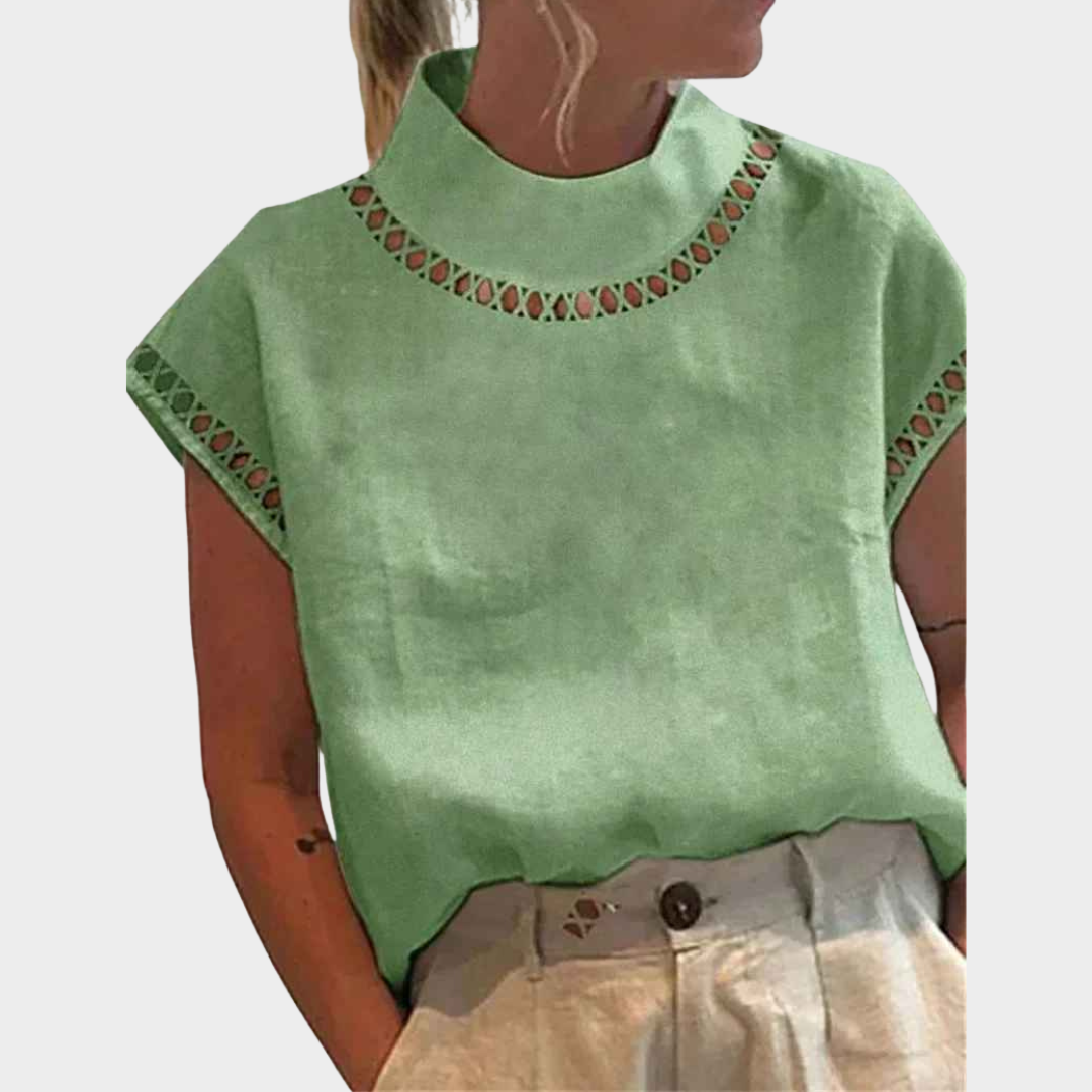 Women Short Sleeve Blouse – Turtleneck Pullover with Hollow Out Detail – Multiple Colours