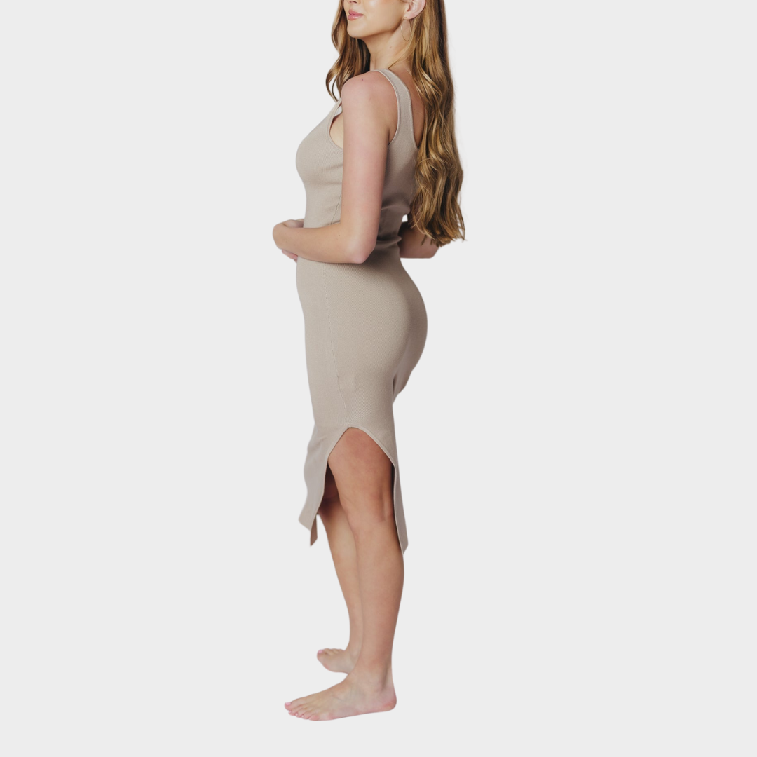 Women's Square Neck Knit Midi Dress – Elegant Fit – Slit Detail – Soft Viscose Blend – Beige