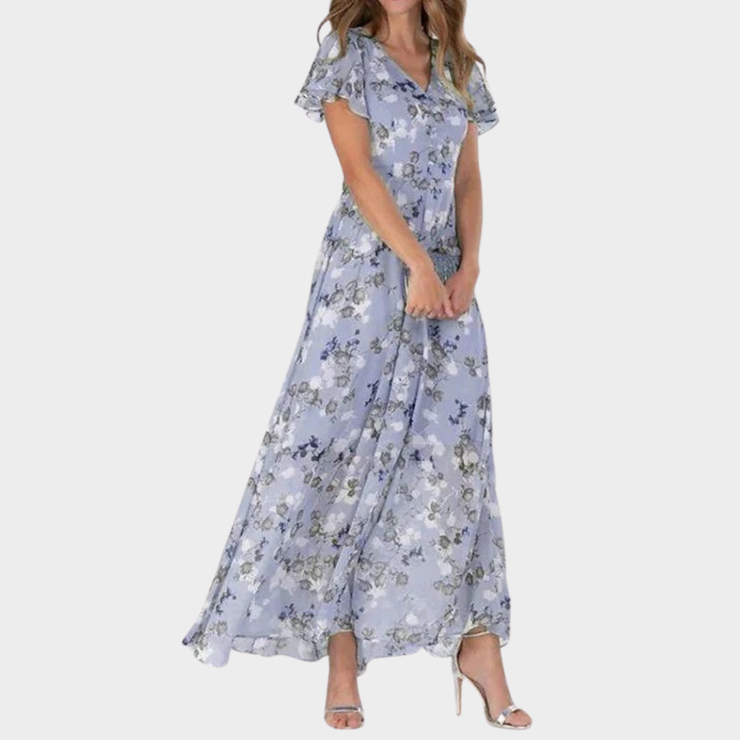 Women’s Elegant V-Neck Maxi Dress – Floral Print Chiffon Long Fit – Casual Beach Party Style – Multiple Colours