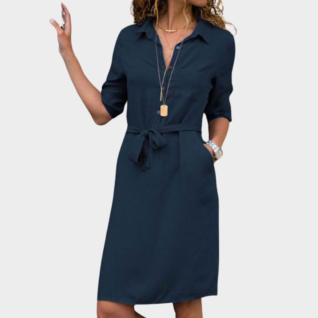 Women's Knee-Length Shirt Dress – Turn-Down Collar & Belted Waist – Multiple Colours