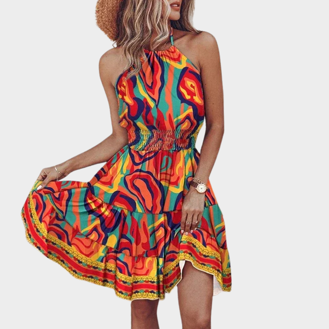 Women Halter Neck Mini Dress – Floral Print Sleeveless Fit with Lightweight Fabric and Boho Style – Multiple Colours