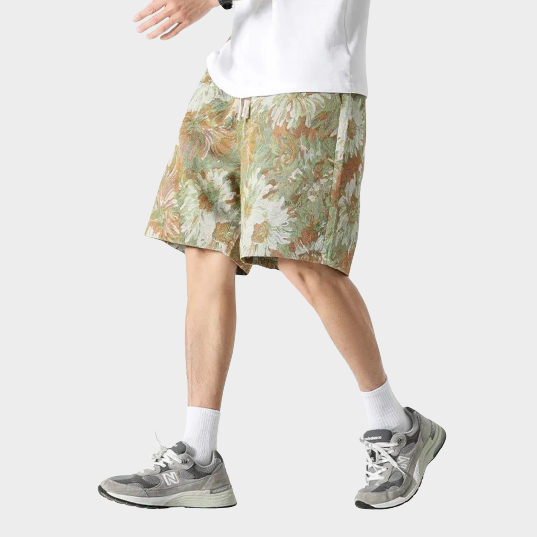 Men’s Retro Jacquard Drawstring Shorts – Casual Loose Fit Beach Pants PU Fabric – Multiple Colours