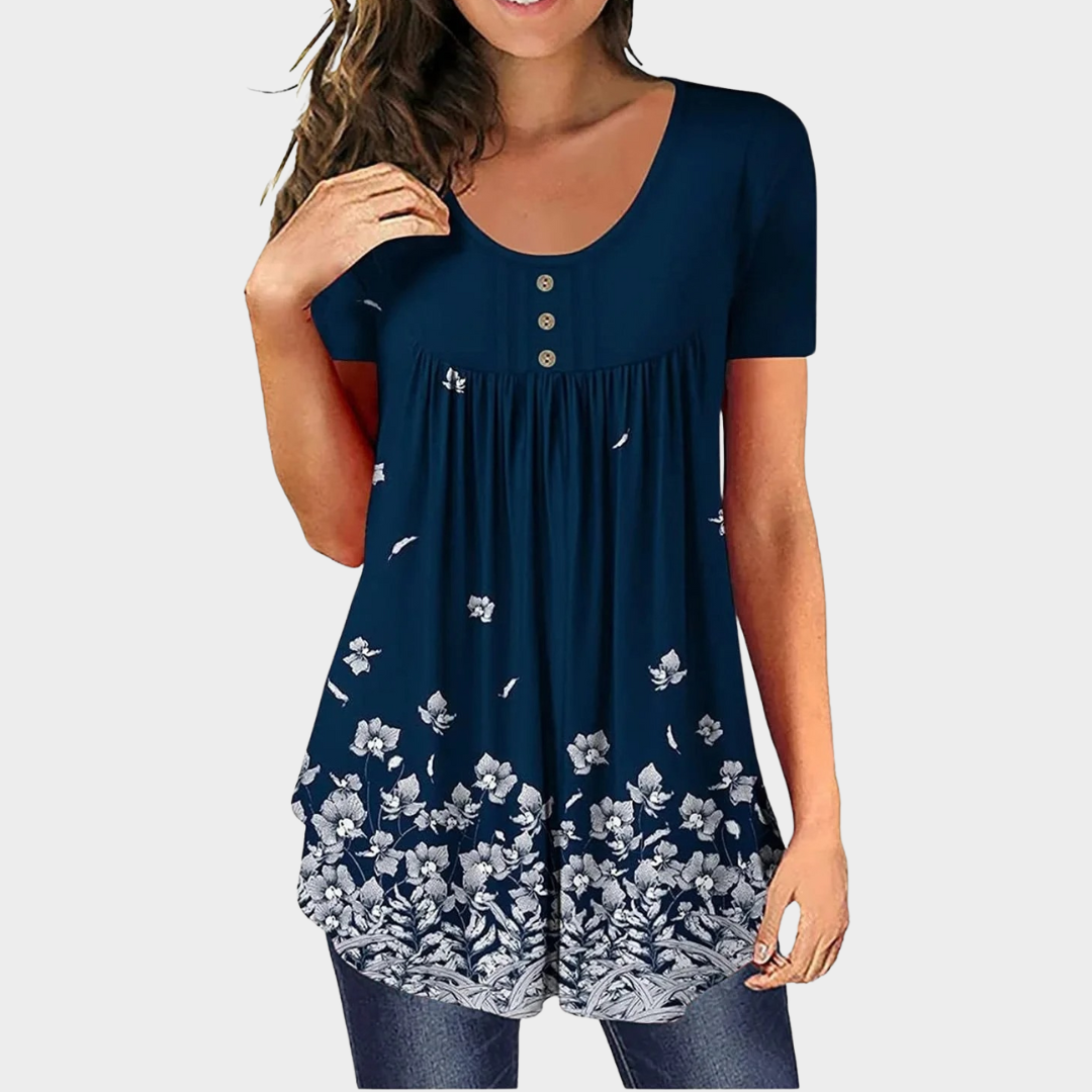 Women’s Printed V-Neck Tunic Blouse – Short Sleeve Loose Fit Top – Button Front Detail – Lightweight Digital Design – Soft Comfortable Fabric – Multiple Colours