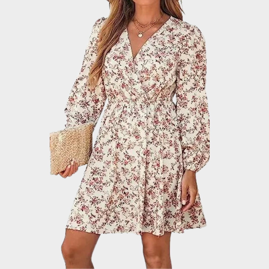 Women's V-Neck Mini Dress – Long Sleeve – Floral Print – Regular Waist – Lightweight Polyester – Multiple Colours