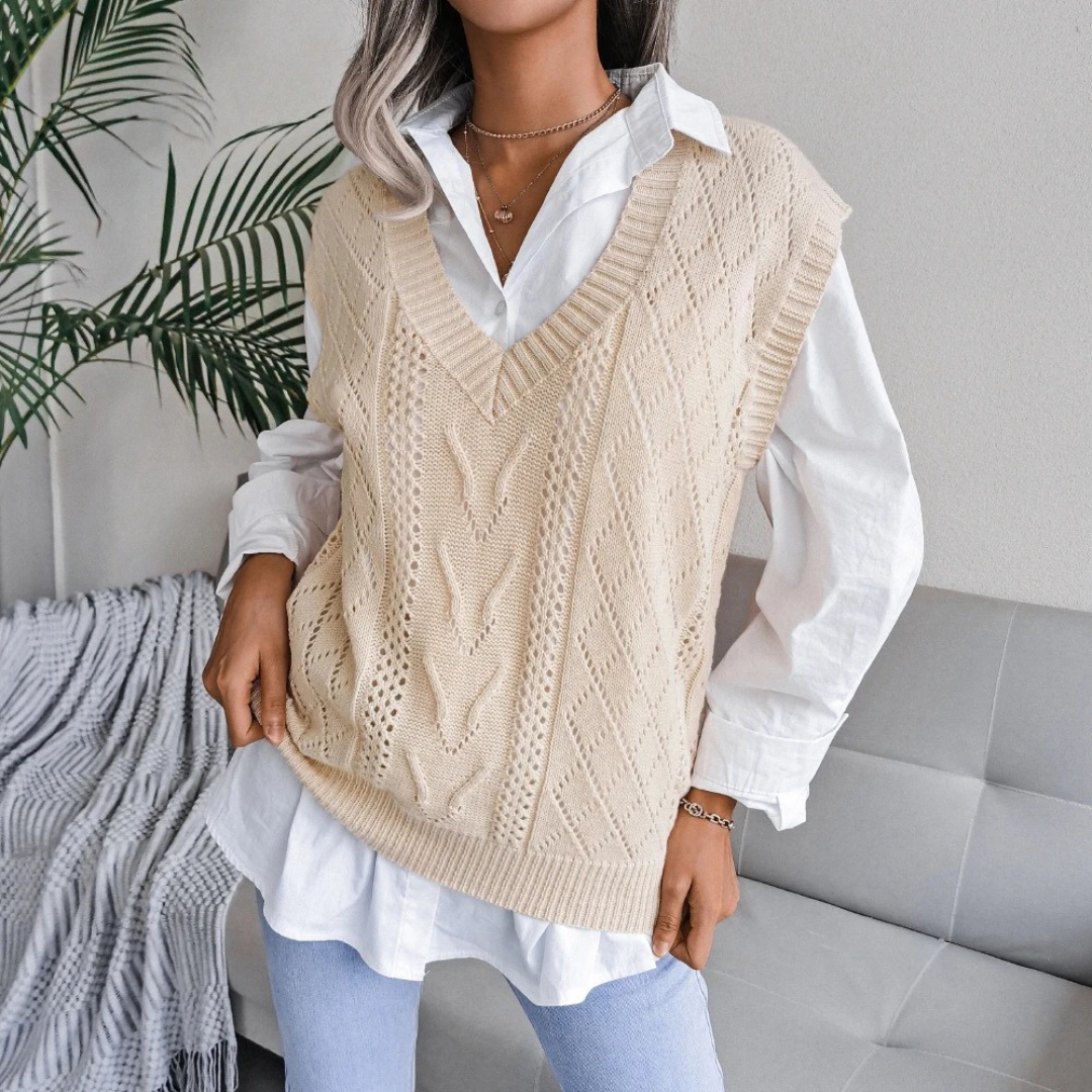 Women Knitted Vest – Relaxed Fit Cable Knit V-Neck Hip Length Layering Piece – Multiple Colours