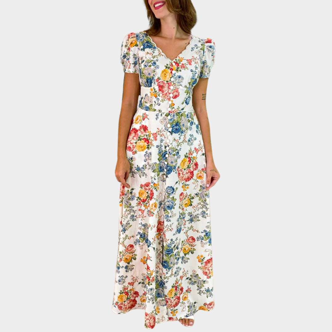 Women's Bohemian Maxi Dress – V-Neck Flowy A-Line Dress – Puff Short Sleeves – Soft Fabric – Flowers