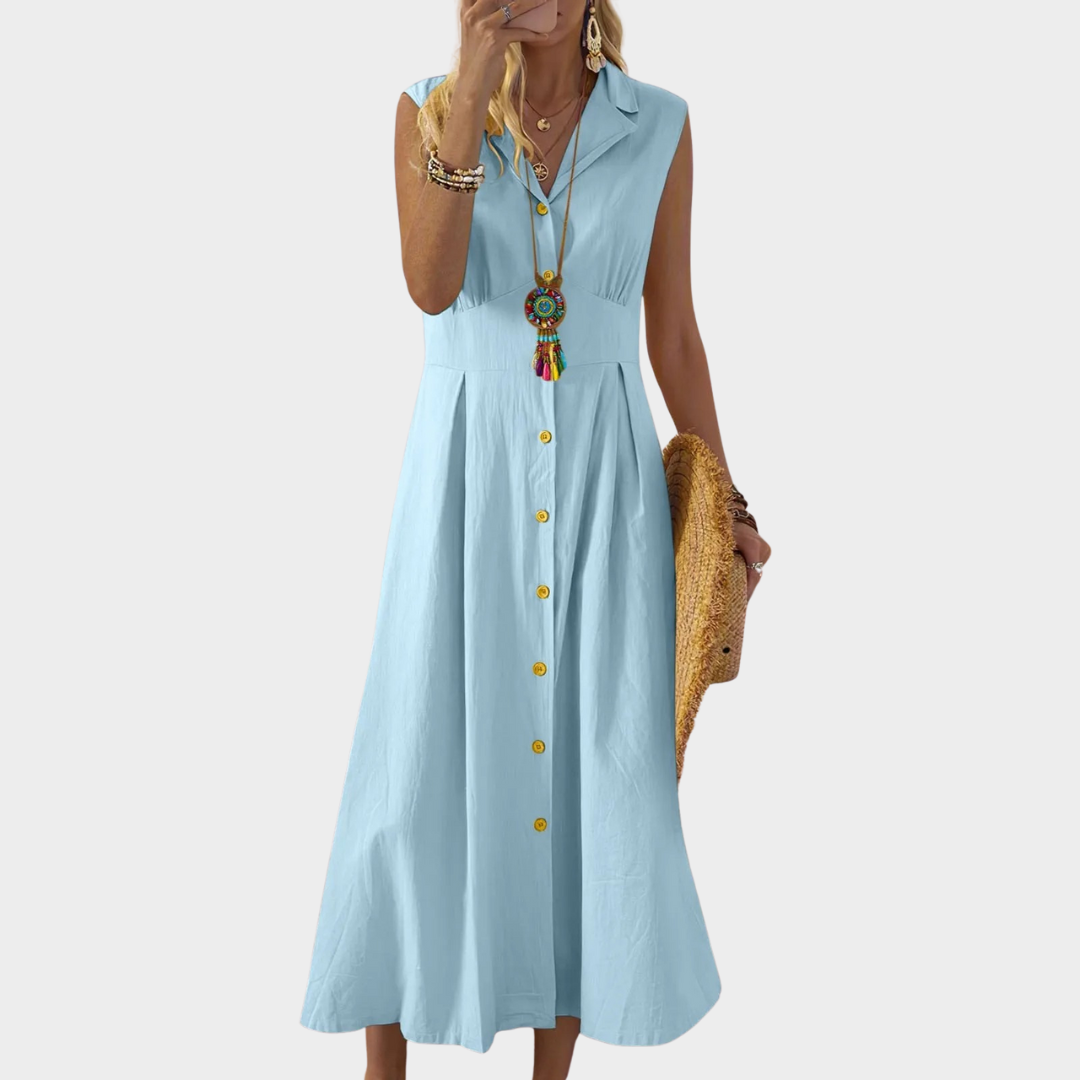 Women’s Sleeveless Shirt Dress – Loose Fit – Button Front – Cotton Linen Blend – Solid Colour – Multiple Colours
