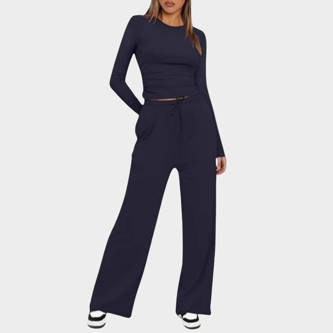 Women Casual Long Sleeve Outfit Set – High Waist Wide Leg Pants with Matching Top – Relaxed Fit Comfortable Sportswear – Multiple Colours