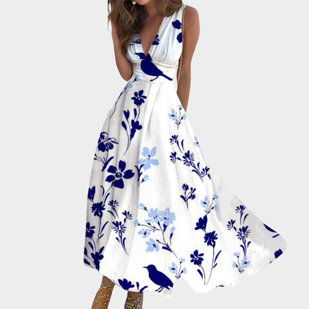 Women’s Floral Print V-Neck Long Dress – Sleeveless A-Line Maxi Style – Lightweight Casual Streetwear – Multiple Colours